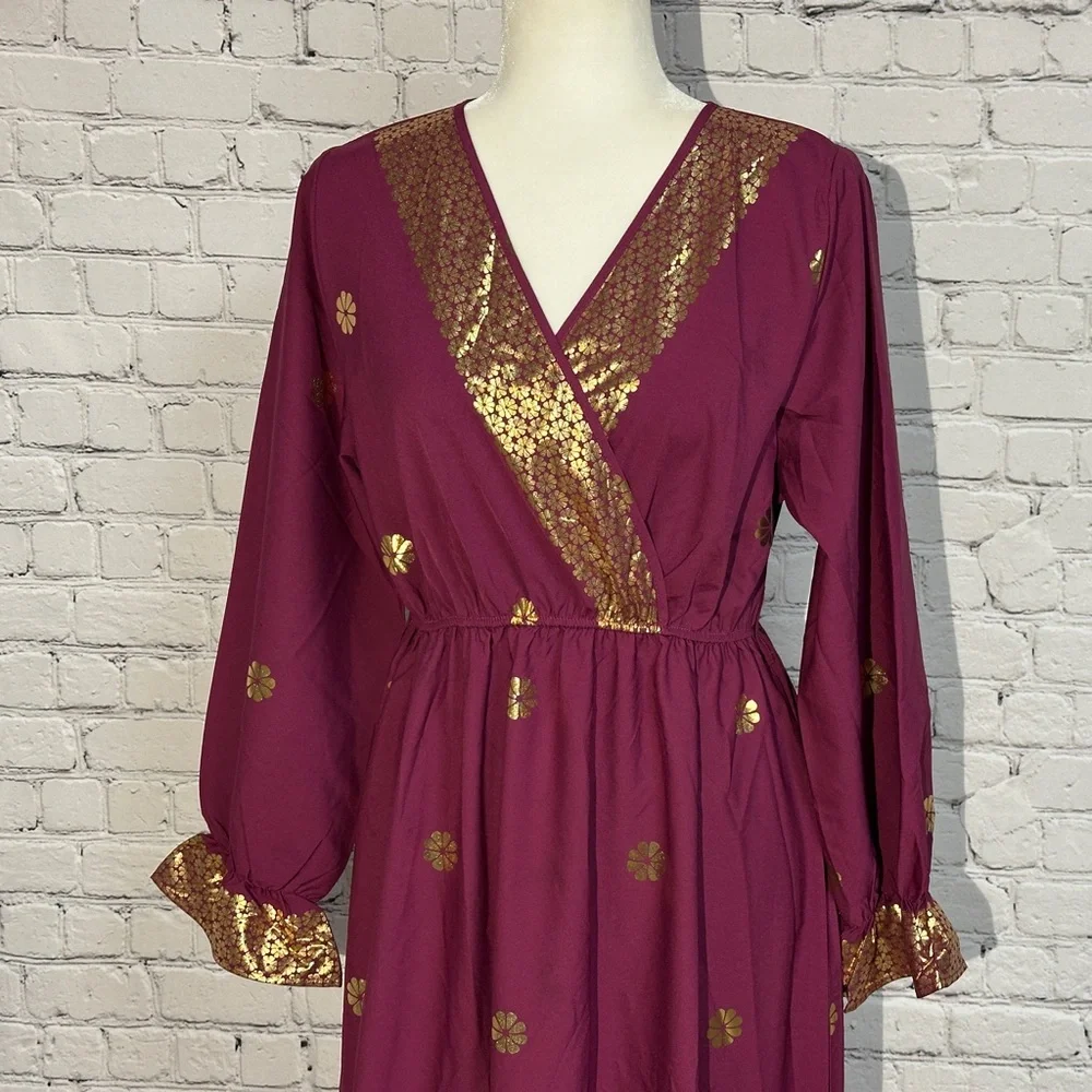 SHEIN Maroon Maxi Dress/Abaya with Gold Floral Accents - Picture 2 of 10